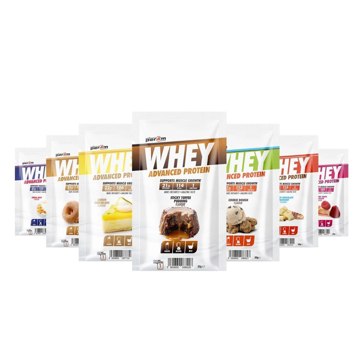 Per4m Advanced Whey Protein sample sachets in a range of flavours