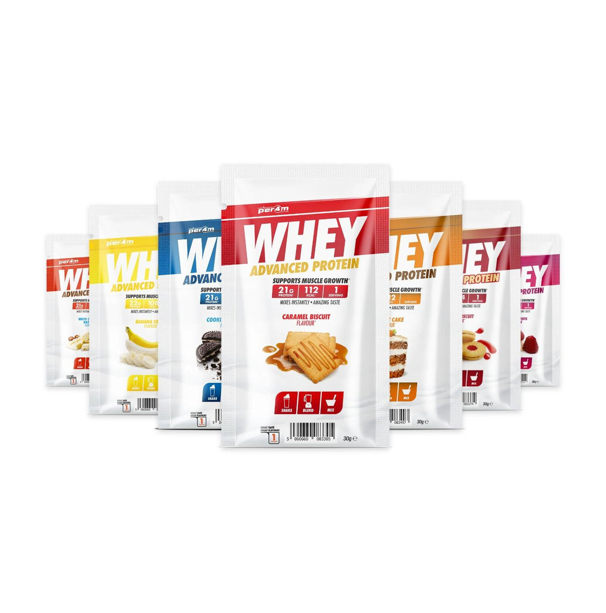 Protein powder sample sachets in a range of flavours and brands